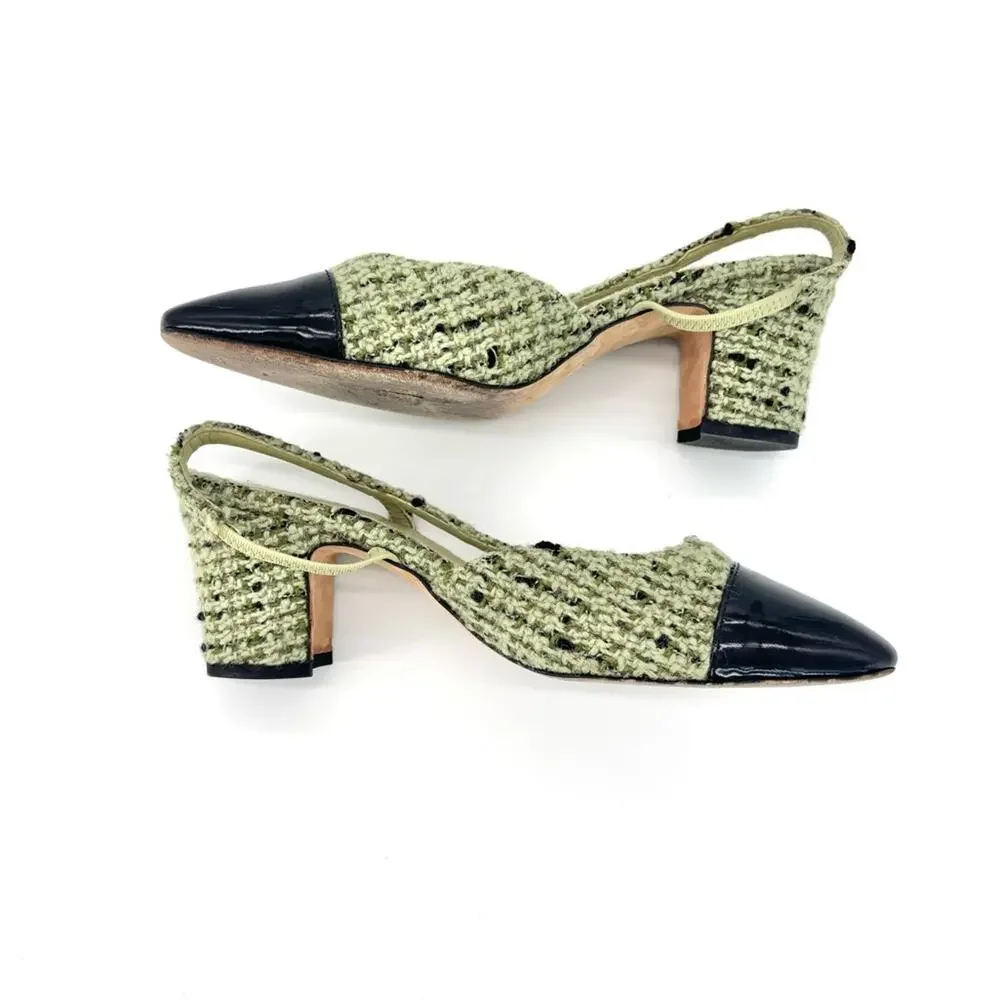 Chanel CC Logo Green Wool Tweed Patent Cap Toe Slingback Heeled Sandals 37
